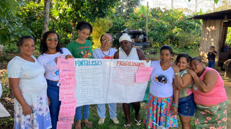 Mulheres do assentamento de Dandara, em Camamu (BA), durante atividade que identifica fortalezas e fraquezas. Crédito: Acervo KOINONIA